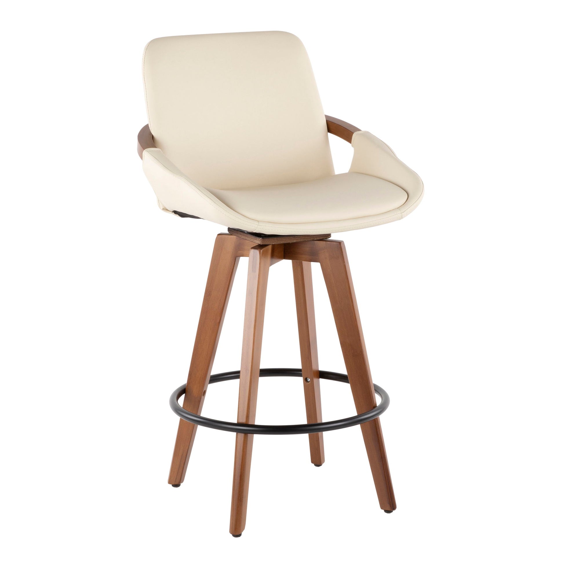 The Cosmo - Mid Century Counter Stool features a cream cushioned seat and backrest, curved arm supports, wooden legs, and a black circular footrest for a contemporary look.
