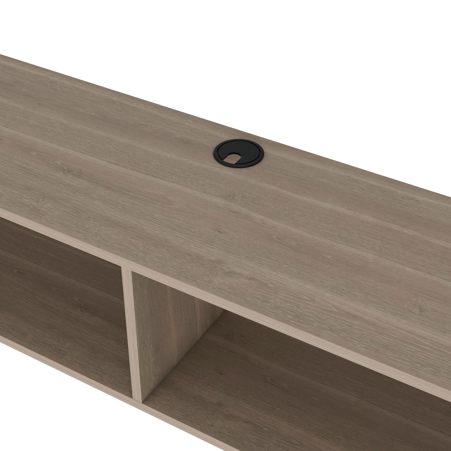 A close-up of the Moore - Floating TV Stand, featuring cubby-style compartments and a black circular cable management grommet on the top surface.