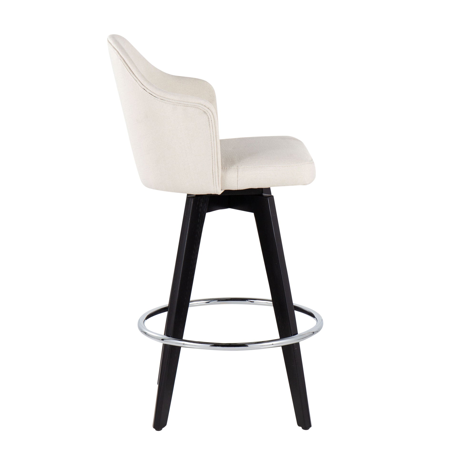 The Ahoy Contemporary Fixed Height Counter Stool set features a modern beige design with high backrests, supported by black wooden legs and a circular chrome footrest, offering sleek minimalism for contemporary interiors.