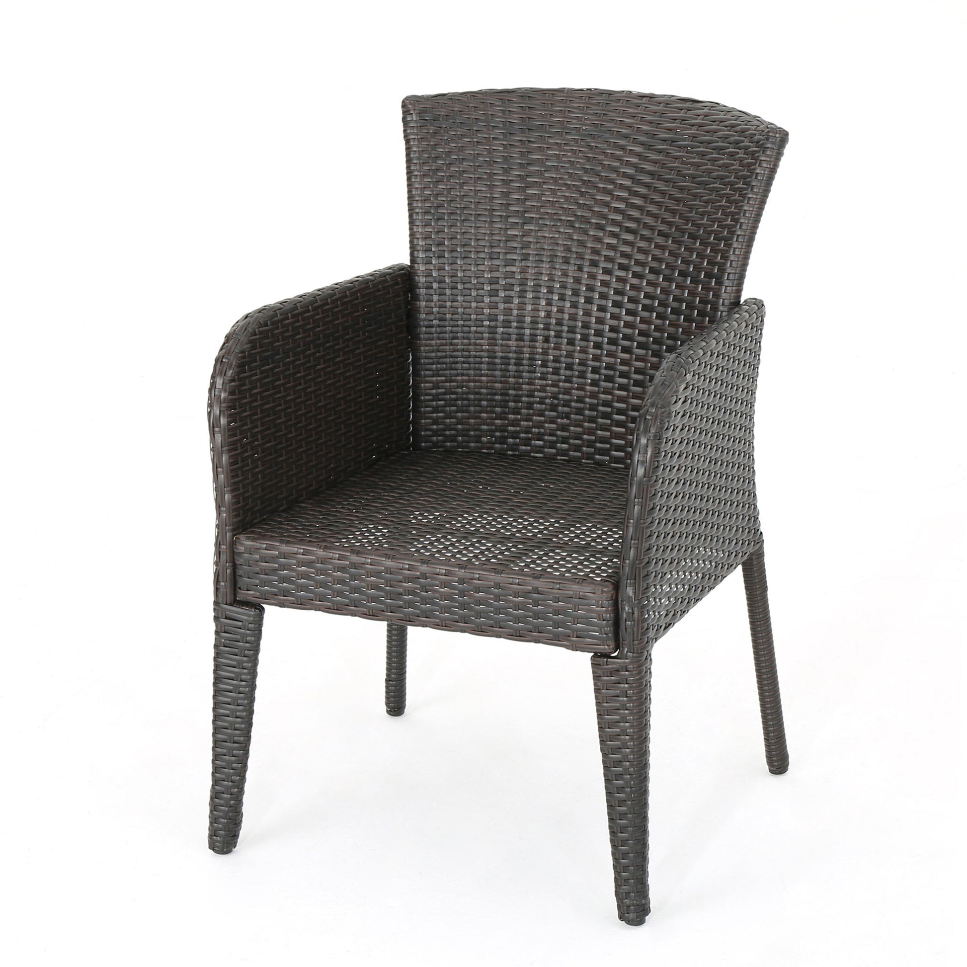 The Anaya Outdoor Wicker Dining Armchair (Set of 2) features a dark brown woven texture, high back, armrests, and four straight legs. Shown against a plain white background.