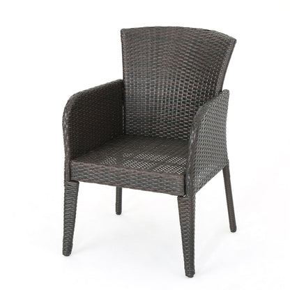 The Anaya Outdoor Wicker Dining Armchair (Set of 2) features a dark brown woven texture, high back, armrests, and four straight legs. Shown against a plain white background.