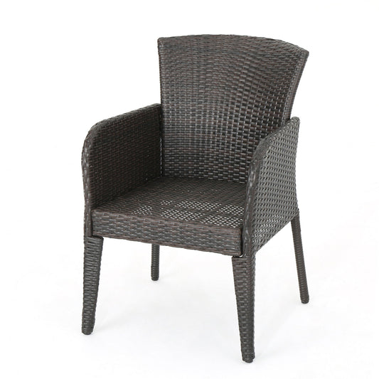 The Anaya Outdoor Wicker Dining Armchair (Set of 2) features a dark brown woven texture, high back, armrests, and four straight legs. Shown against a plain white background.