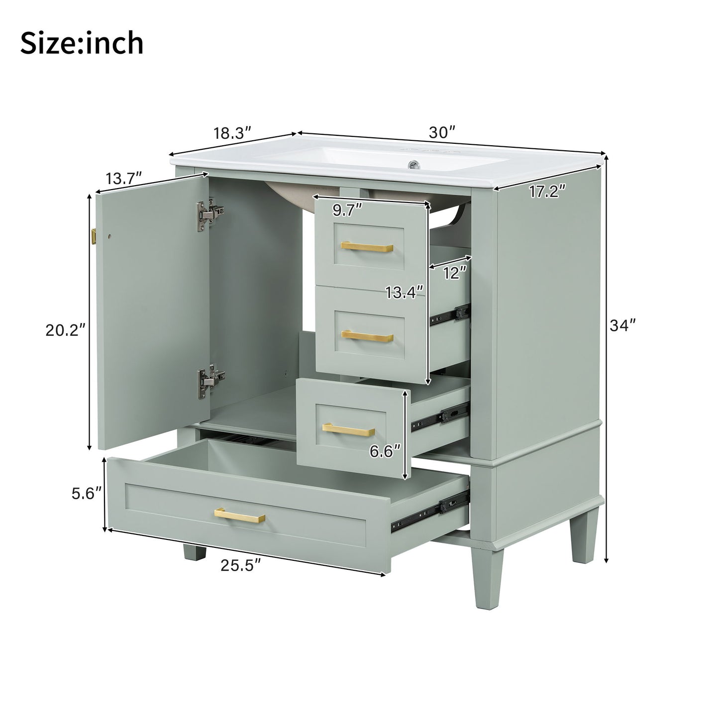 The Bathroom Vanity, a modern cabinet with sink combo, soft-closing door, and 3 drawers in light green with gold handles is shown open, highlighting solid wood construction, storage space, and detailed dimensions in inches for each section.