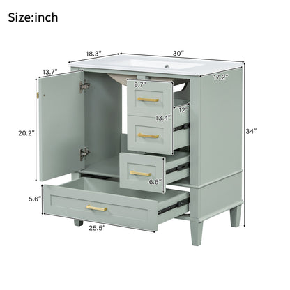 The Bathroom Vanity, a modern cabinet with sink combo, soft-closing door, and 3 drawers in light green with gold handles is shown open, highlighting solid wood construction, storage space, and detailed dimensions in inches for each section.