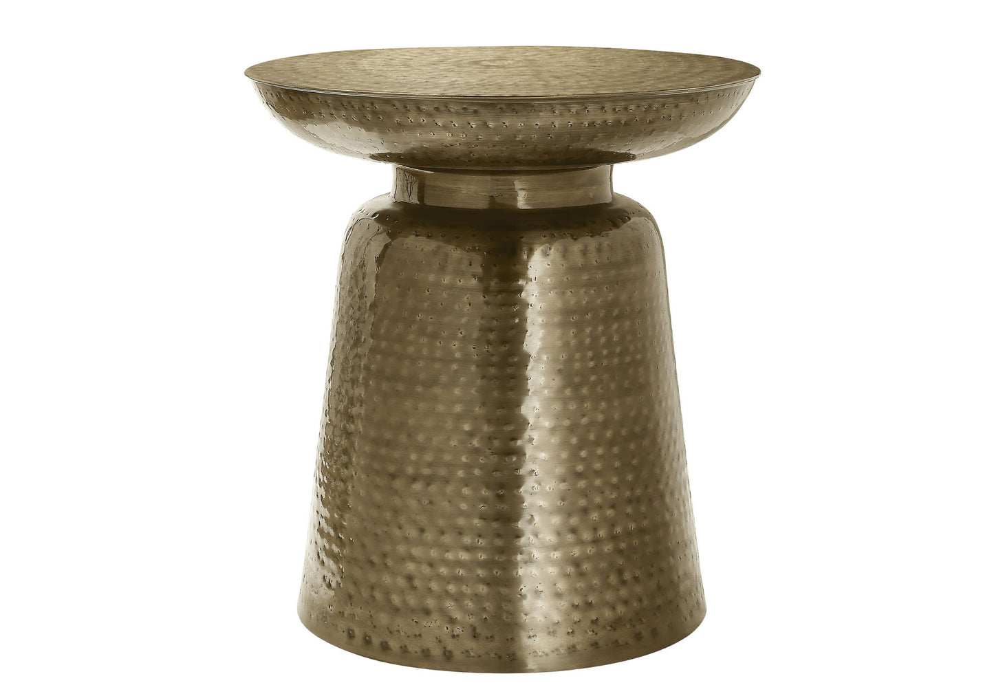 The Drum Accent Side Table features a metallic gold-tone finish, a hammered dimpled texture, a wide shallow bowl top, and a tapered cylindrical base.