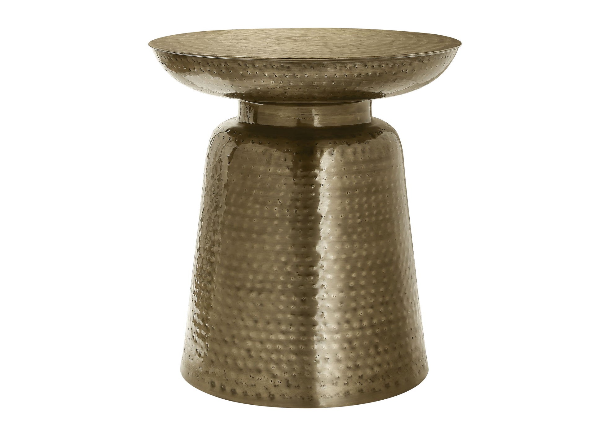 The Drum Accent Side Table features a metallic gold-tone finish, a hammered dimpled texture, a wide shallow bowl top, and a tapered cylindrical base.