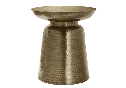 The Drum Accent Side Table features a metallic gold-tone finish, a hammered dimpled texture, a wide shallow bowl top, and a tapered cylindrical base.