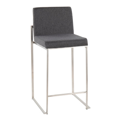 The Fuji Contemporary High Back Counter Stool features a functional design with a square cushioned gray fabric seat and backrest, complemented by a sleek chrome-finished metal frame and open rectangular legs.