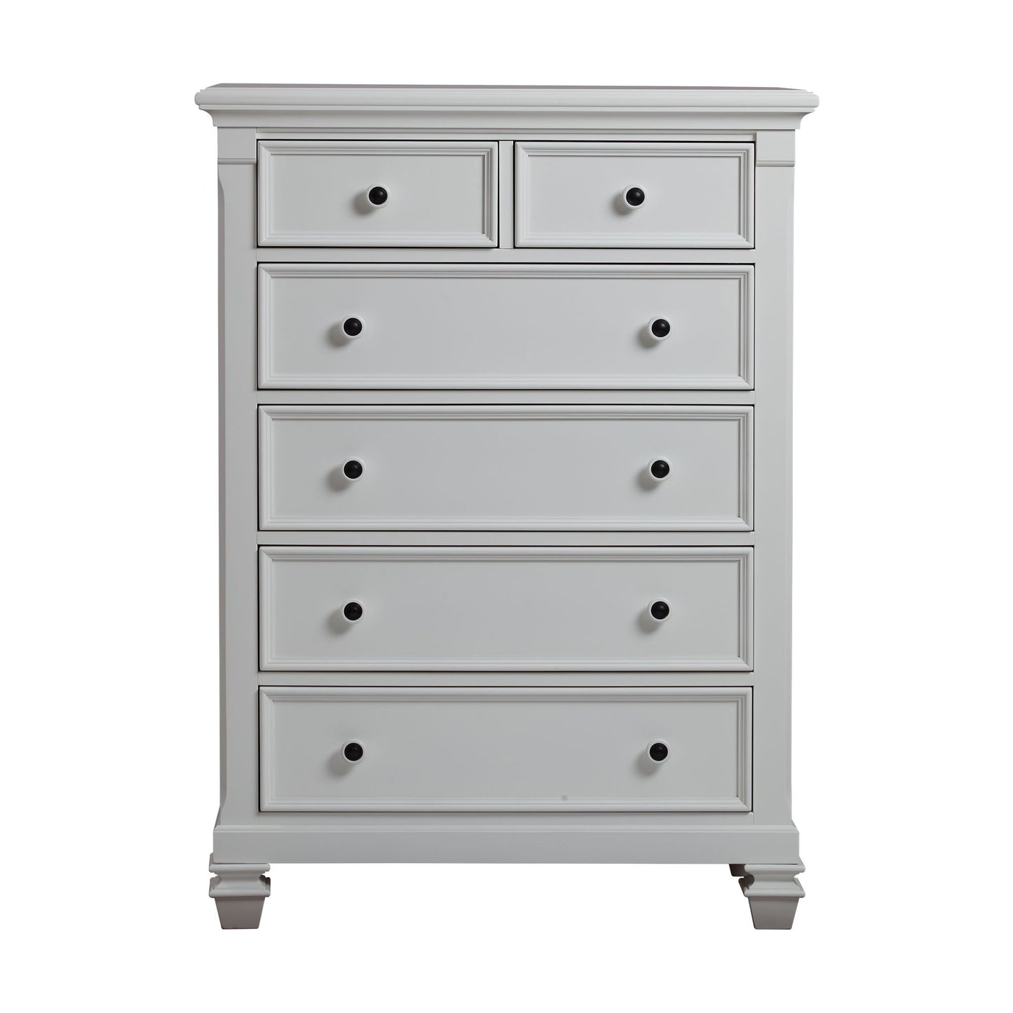 The Glendale 6 Drawer Chest is a tall, light gray wooden dresser with six drawers, black round knobs, decorative trim, and short carved legs.