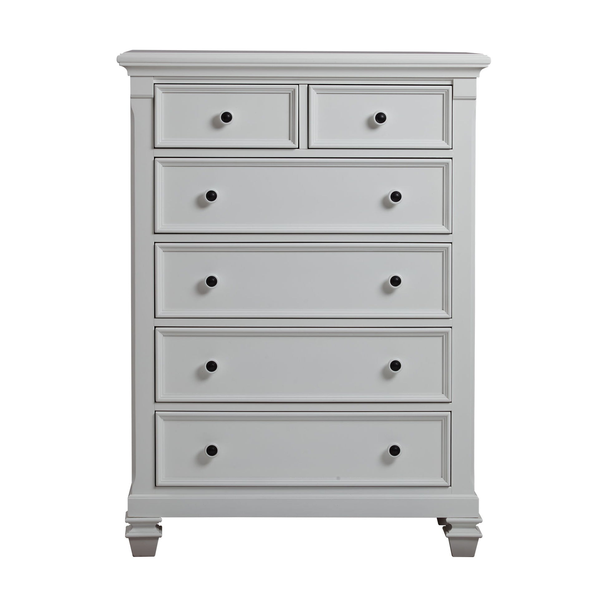 The Glendale 6 Drawer Chest is a tall, light gray wooden dresser with six drawers, black round knobs, decorative trim, and short carved legs.