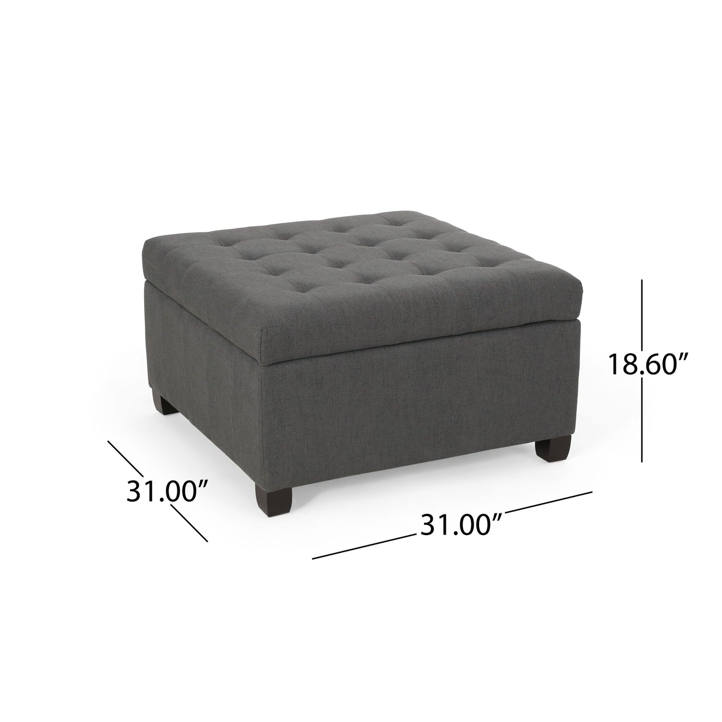 The Isabella Contemporary Ottoman With Storage is a dark gray, square ottoman with a tufted top and short legs, measuring 31"W x 31"D x 18.6"H. Dimensions are marked with lines and numbers.