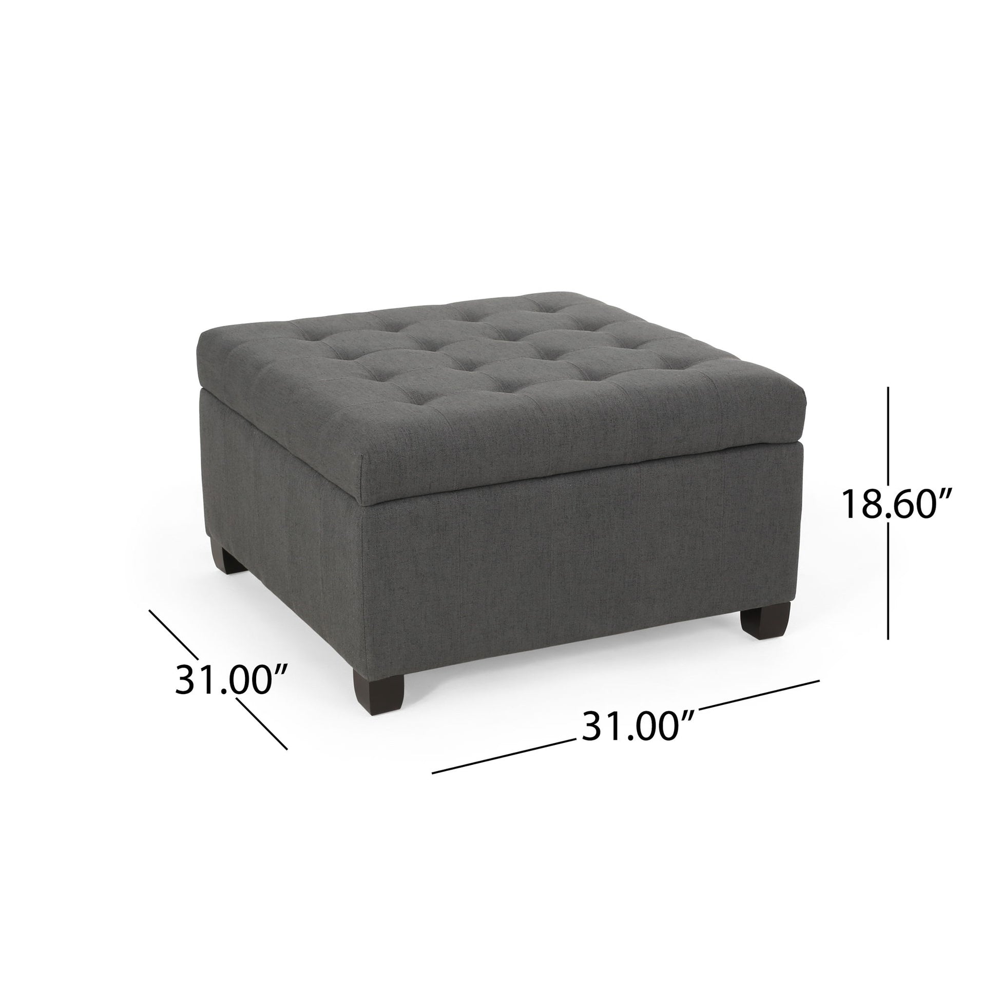 The Isabella Contemporary Ottoman With Storage is a dark gray, square ottoman with a tufted top and short legs, measuring 31"W x 31"D x 18.6"H. Dimensions are marked with lines and numbers.