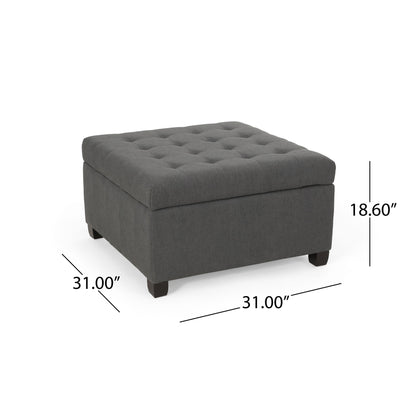 The Isabella Contemporary Ottoman With Storage is a dark gray, square ottoman with a tufted top and short legs, measuring 31"W x 31"D x 18.6"H. Dimensions are marked with lines and numbers.