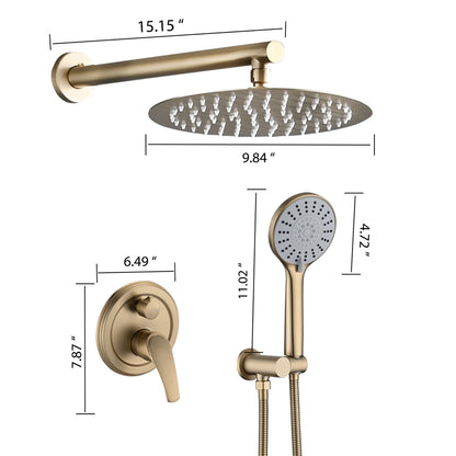 Wall Mounted Shower System With High Pressure Rain Shower Head & 5 Function Handheld - Brushed Gold