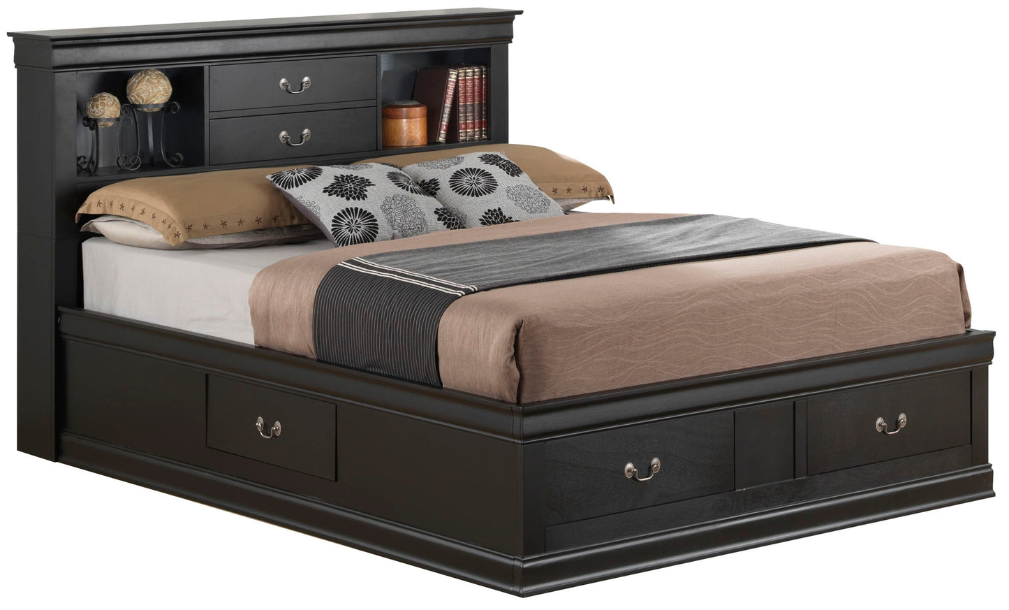 The Louis Phillipe - Bookcase Storage Bed features a black finish, drawers in the base for storage, and shelves in the headboard for books and decor. It's shown neatly made with neutral bedding and decorative pillows.