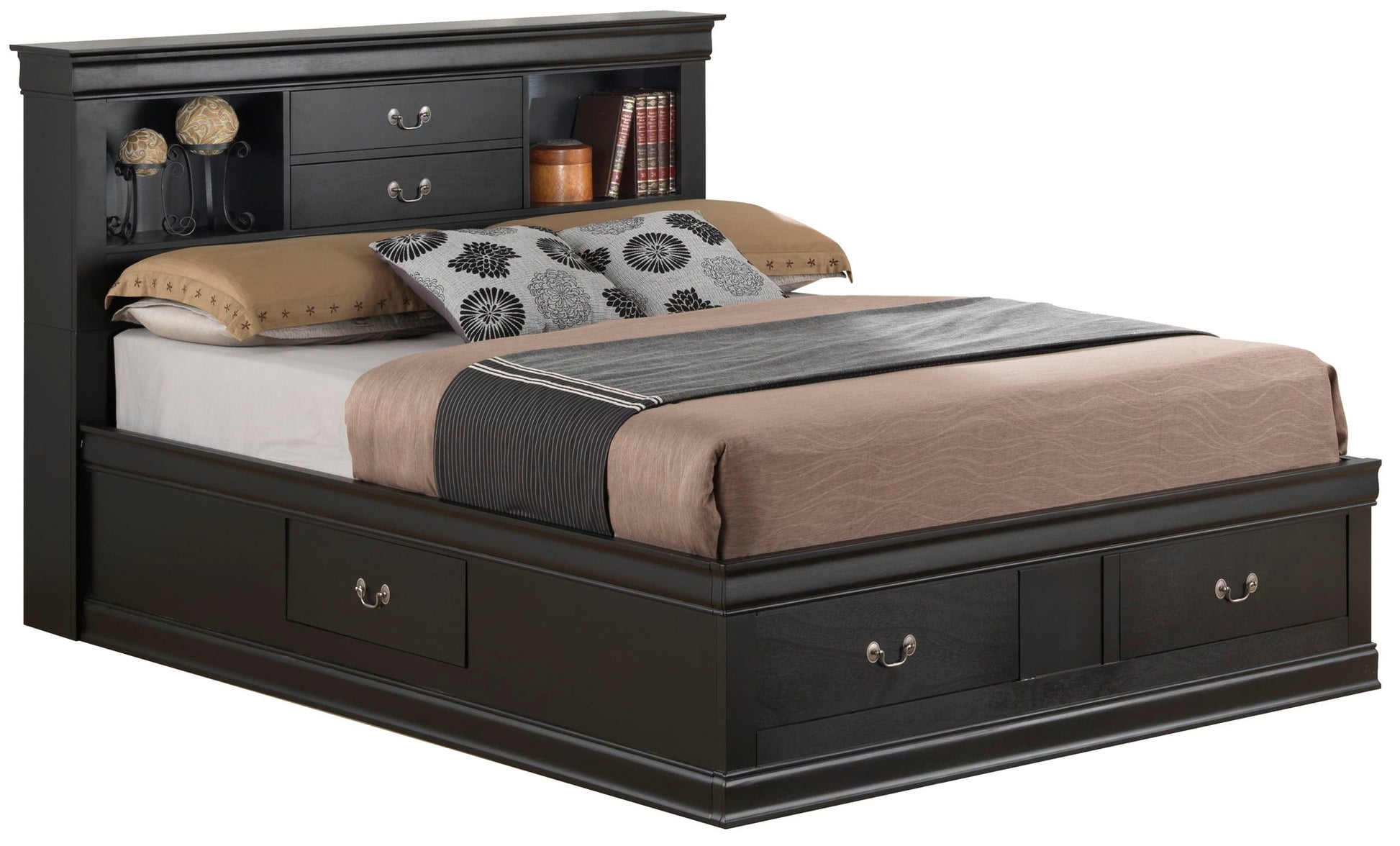 The Louis Phillipe - Bookcase Storage Bed features a black finish, drawers in the base for storage, and shelves in the headboard for books and decor. It's shown neatly made with neutral bedding and decorative pillows.