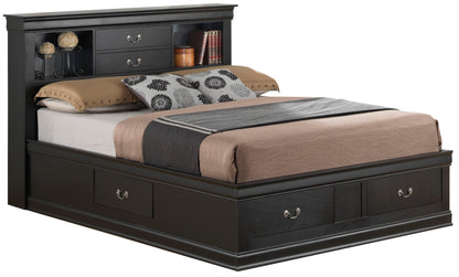 The Louis Phillipe - Bookcase Storage Bed features a black finish, drawers in the base for storage, and shelves in the headboard for books and decor. It's shown neatly made with neutral bedding and decorative pillows.