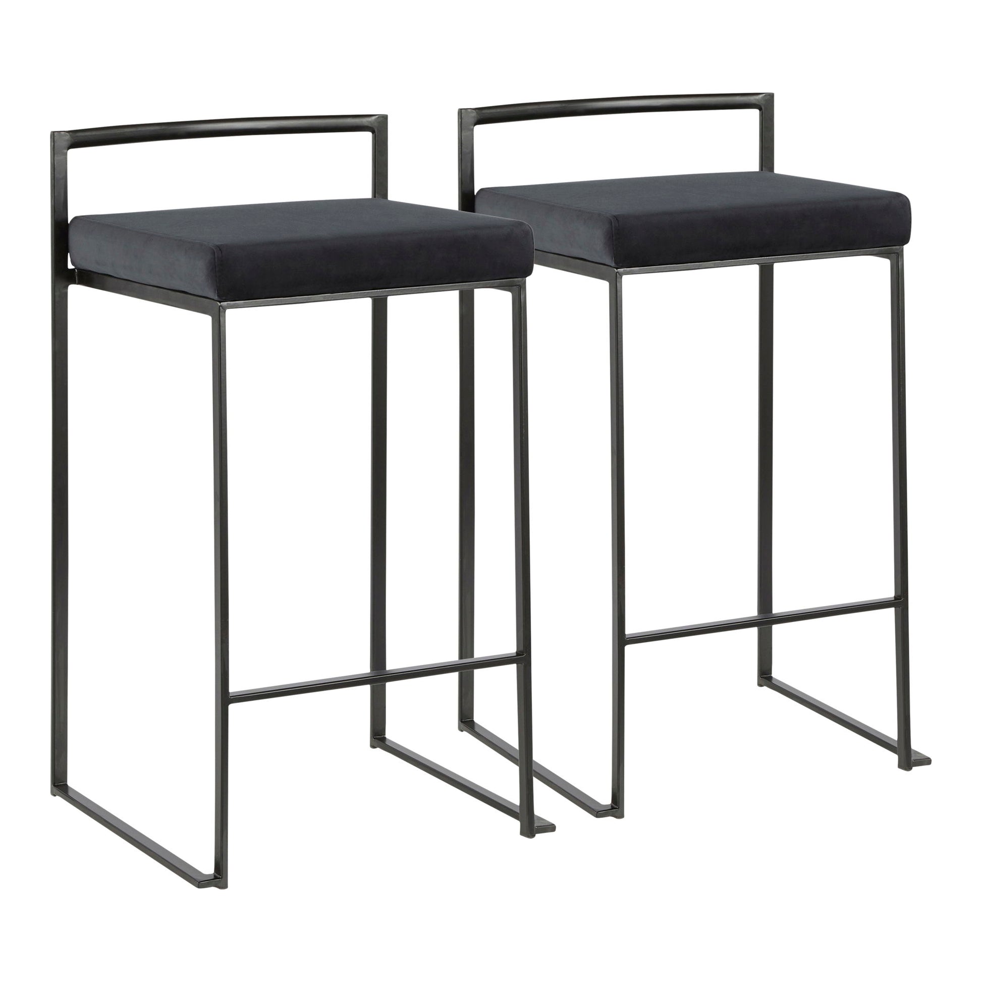 Two Fuji Contemporary Style Stackable Counter Stools with black metal frames, low backrests, and rectangular black cushioned seats are placed side by side on a white background.