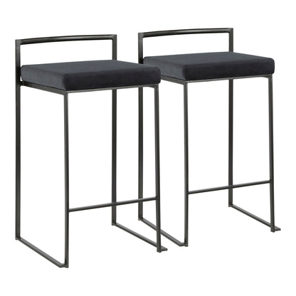 Two Fuji Contemporary Style Stackable Counter Stools with black metal frames, low backrests, and rectangular black cushioned seats are placed side by side on a white background.