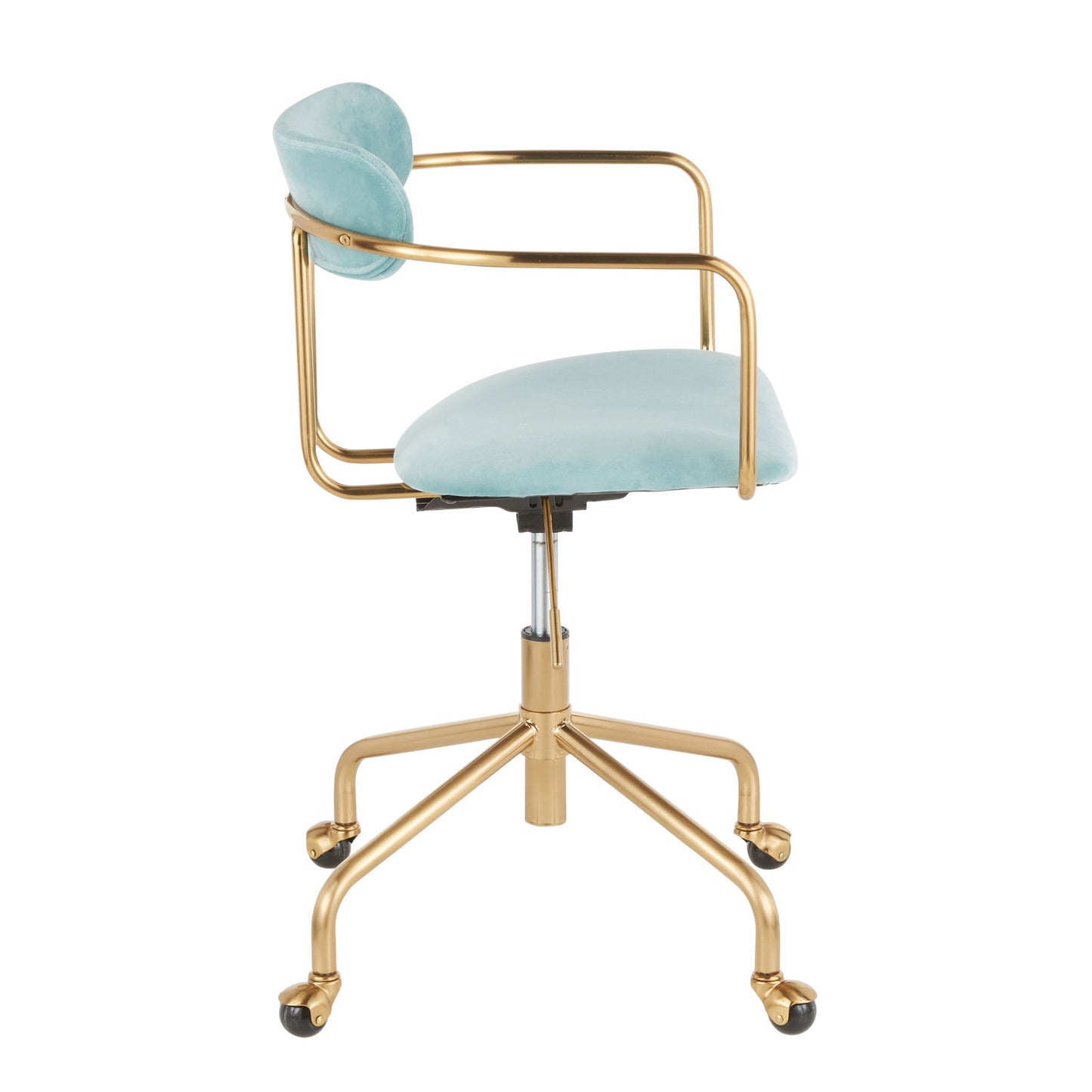 The Demi - Contemporary Office Chair features a gold metal frame, light blue velvet seat and backrest, adjustable height, and five caster wheels. Shown from the side against a white background.