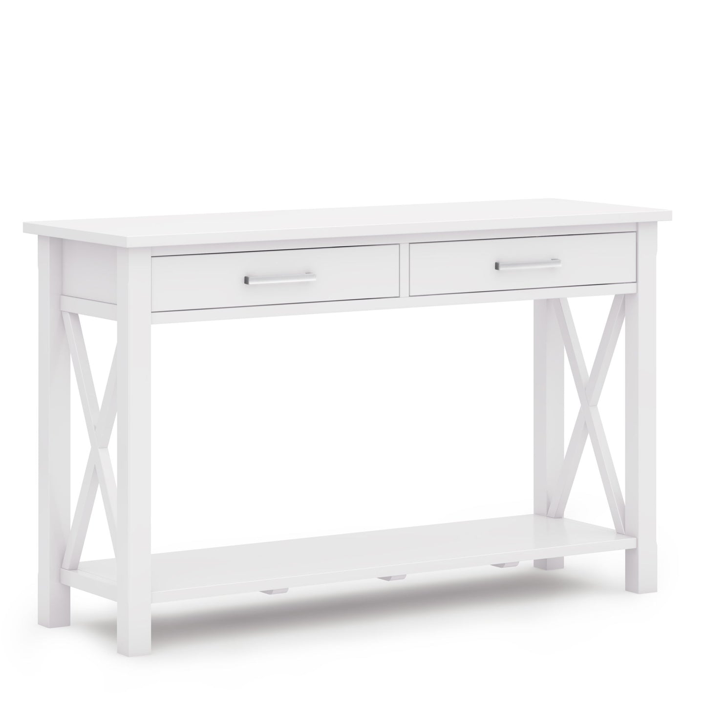The Kitchener - Handcrafted Table is a white wooden console table featuring two drawers with silver handles, X-shaped side supports, and a lower shelf, displayed against a white background.