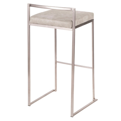 The Fuji Stackable Barstool features a contemporary, elegant design with a minimalist metal frame, a light gray cushioned seat, rectangular backrest, and open sides for a sleek modern look.