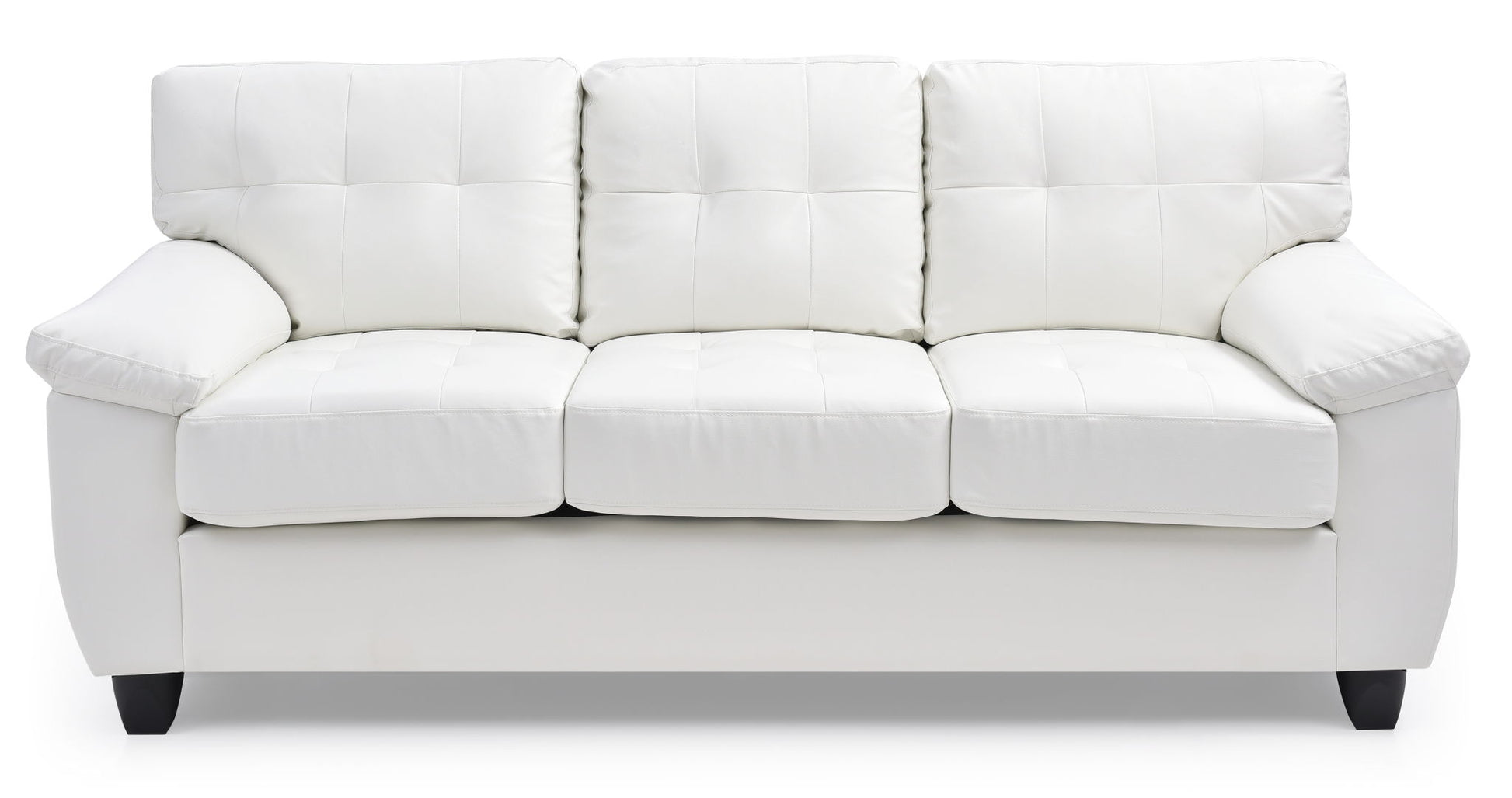 The Comfortable Sofa is a modern white leather three-seater with plush tufted cushions and wide armrests, displayed against a white background.