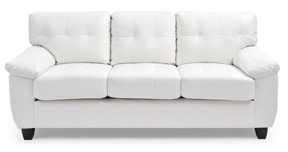The Comfortable Sofa is a modern white leather three-seater with plush tufted cushions and wide armrests, displayed against a white background.