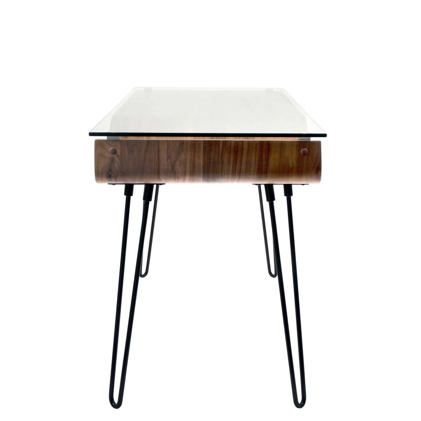 The Avery Mid-Century Modern Desk features a walnut wooden drawer, clear glass top, and black hairpin legs, shown from the front against a white background.
