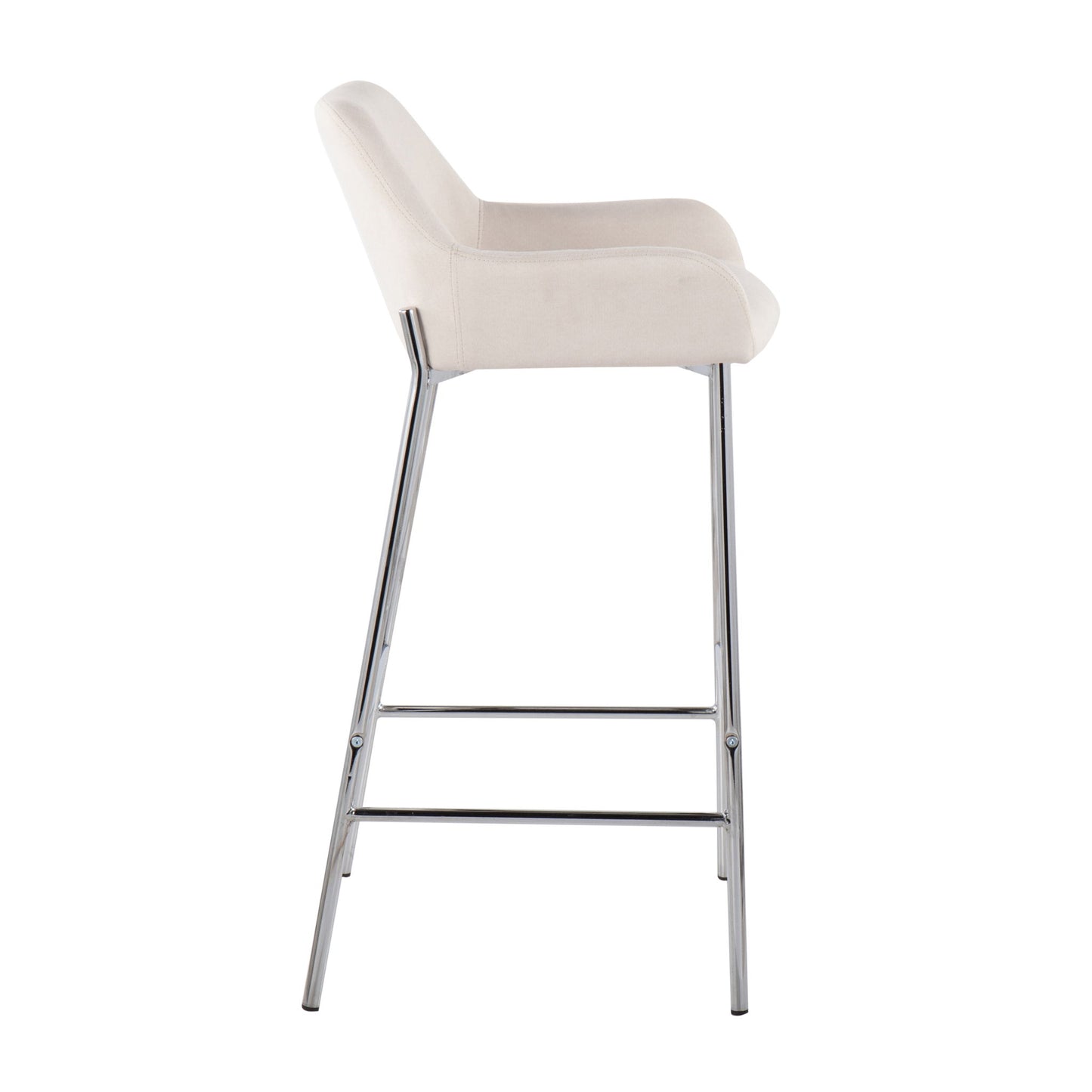 Side view of Daniella - Contemporary Fixed Height Bar Stool (Set of 2) featuring a light beige cushioned seat, curved backrest, and sleek chrome metal legs with a footrest bar.