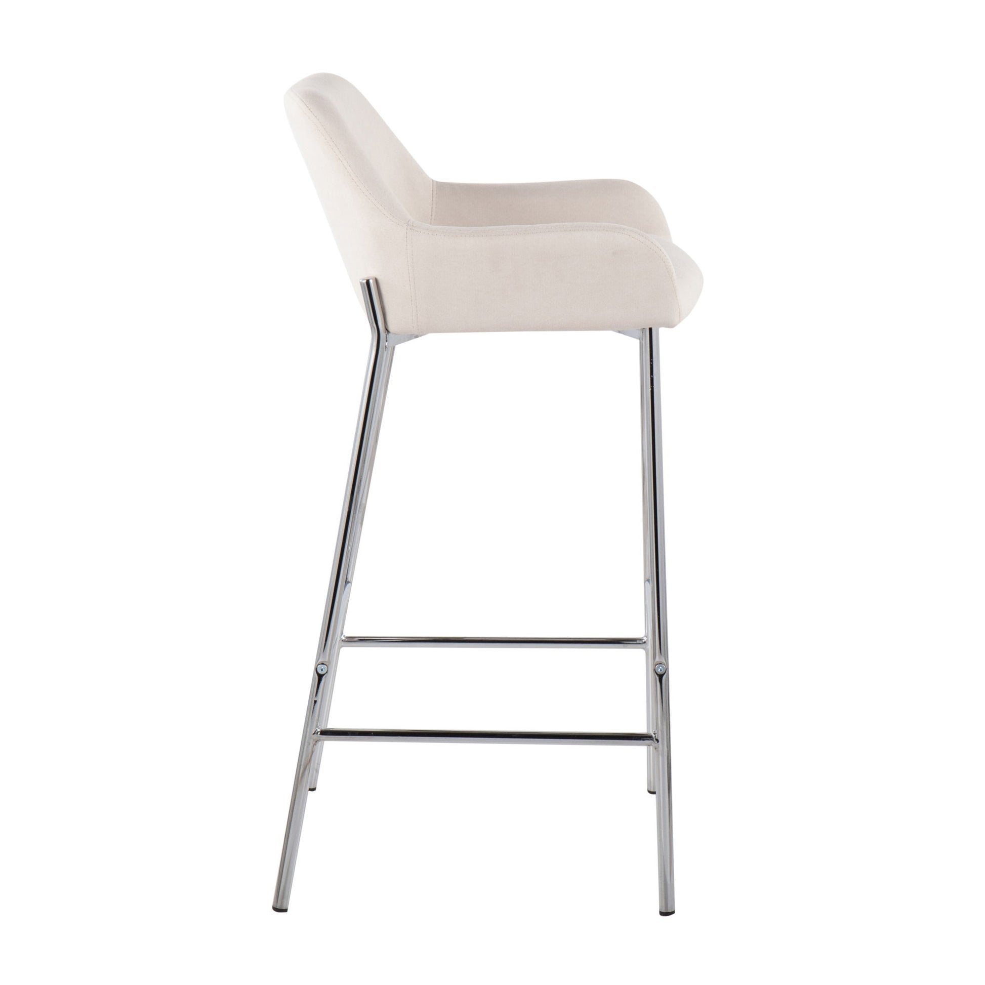 Side view of Daniella - Contemporary Fixed Height Bar Stool (Set of 2) featuring a light beige cushioned seat, curved backrest, and sleek chrome metal legs with a footrest bar.