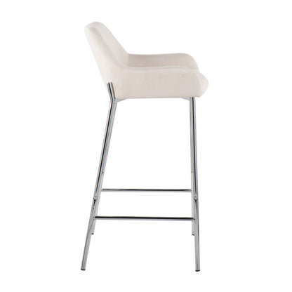 Side view of Daniella - Contemporary Fixed Height Bar Stool (Set of 2) featuring a light beige cushioned seat, curved backrest, and sleek chrome metal legs with a footrest bar.