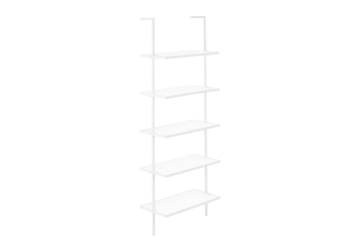 The Etagere Bookcase Ladder 5 Tier For Office is a minimalist, white, wall-mounted shelving unit featuring five evenly spaced rectangular shelves supported by two vertical bars.