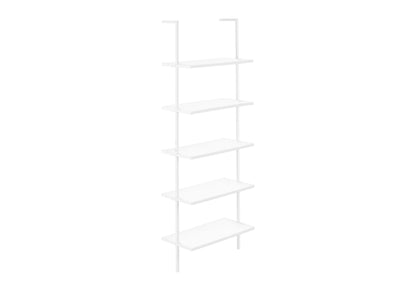 The Etagere Bookcase Ladder 5 Tier For Office is a minimalist, white, wall-mounted shelving unit featuring five evenly spaced rectangular shelves supported by two vertical bars.