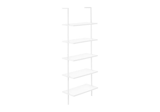 The Etagere Bookcase Ladder 5 Tier For Office is a minimalist, white, wall-mounted shelving unit featuring five evenly spaced rectangular shelves supported by two vertical bars.