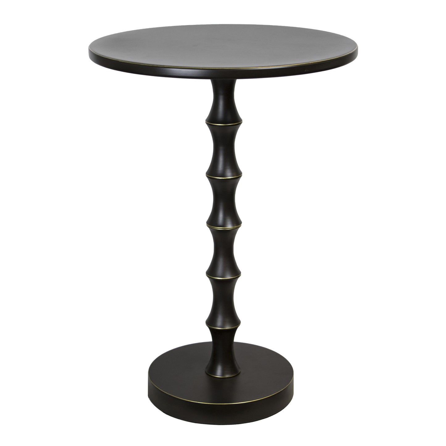 The Bora - Contemporary Table is a small, round black side table featuring a smooth top and a sculpted pedestal base inspired by bamboo segments, resting on a flat circular bottom.