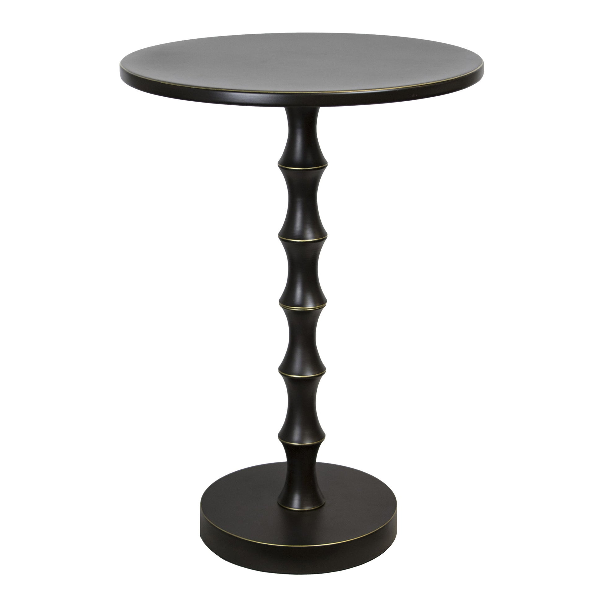 The Bora - Contemporary Table is a small, round black side table featuring a smooth top and a sculpted pedestal base inspired by bamboo segments, resting on a flat circular bottom.