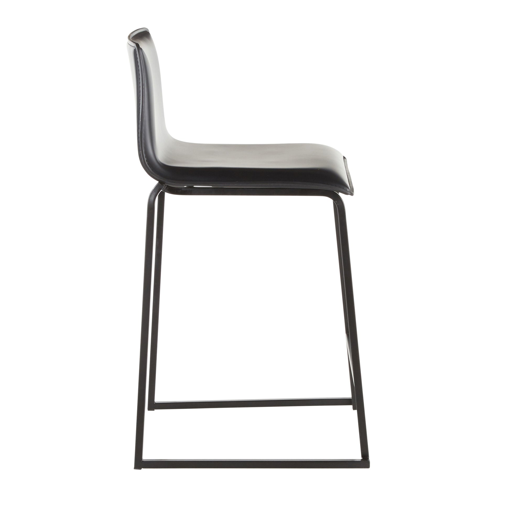 Side view of the Mara - Upholstered Contemporary Counter Stool showing its modern black design. It features a smooth curved seat supported by a simple metal base with a footrest. Comes in a set of 2.