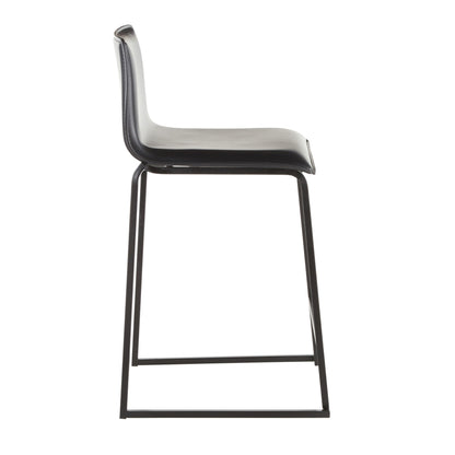 Side view of the Mara - Upholstered Contemporary Counter Stool showing its modern black design. It features a smooth curved seat supported by a simple metal base with a footrest. Comes in a set of 2.