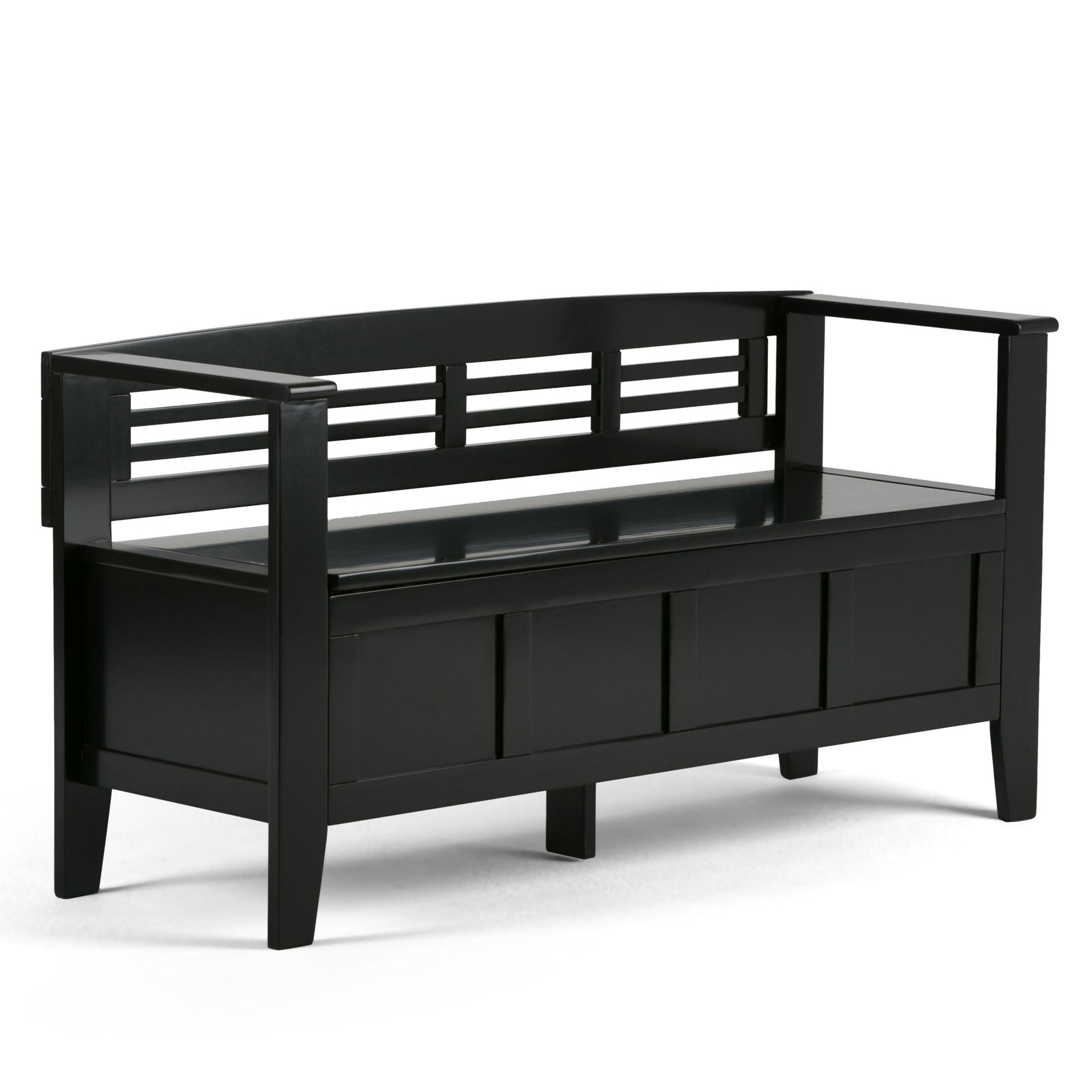 The Adams - Entryway Storage Bench Handcrafted is a modern black wooden bench with armrests, a slatted backrest, and a storage compartment beneath the seat, shown against a white background.