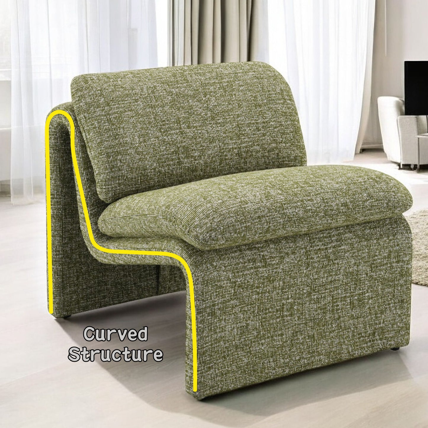 The Jaeda - Innovative Elegance Accent Chair features a modern green upholstered, single-piece curved design with a yellow outline. "Curved Structure" appears beside it, set against sheer curtains and neutral furnishings in the background.