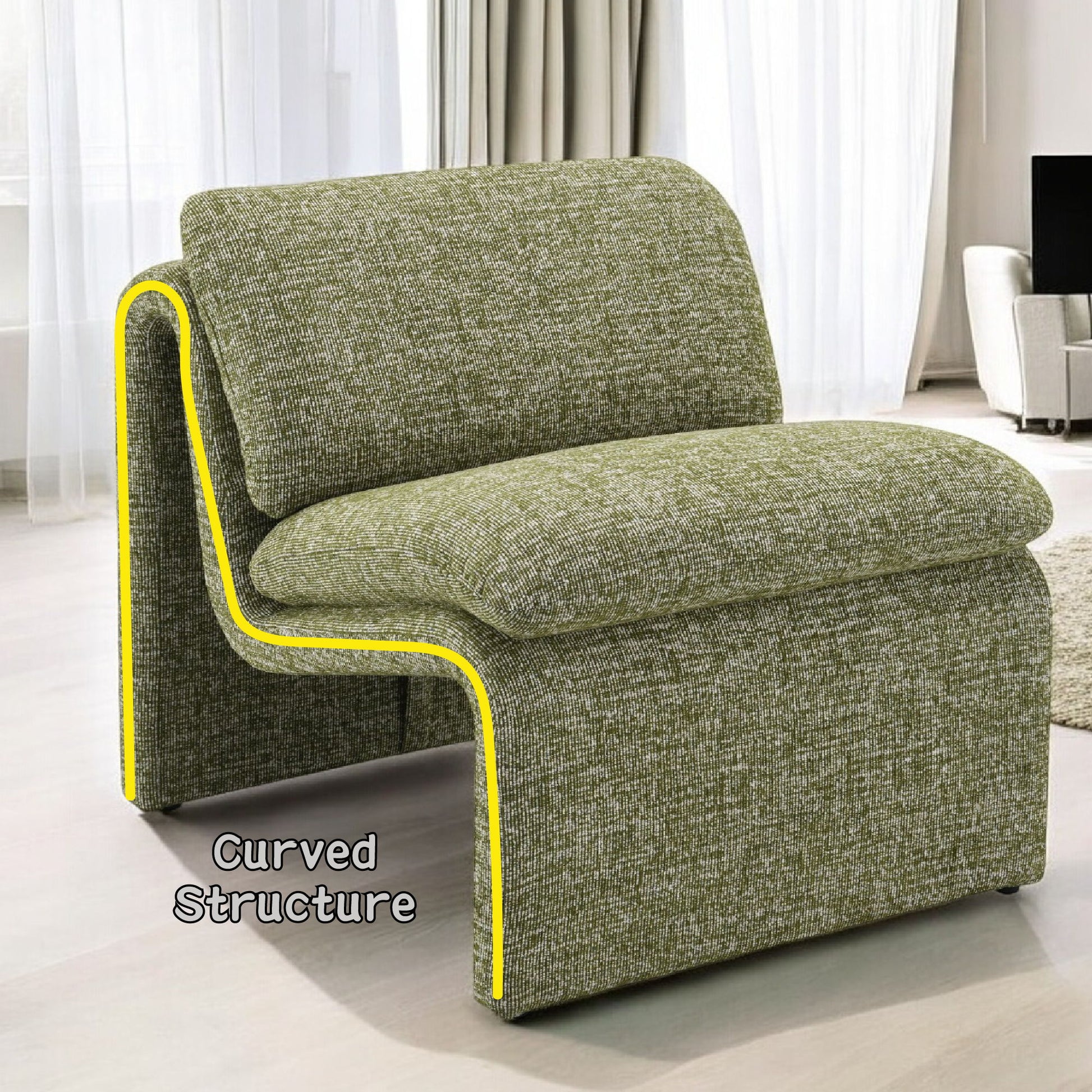 The Jaeda - Innovative Elegance Accent Chair features a modern green upholstered, single-piece curved design with a yellow outline. "Curved Structure" appears beside it, set against sheer curtains and neutral furnishings in the background.
