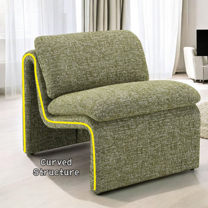 The Jaeda - Innovative Elegance Accent Chair features a modern green upholstered, single-piece curved design with a yellow outline. "Curved Structure" appears beside it, set against sheer curtains and neutral furnishings in the background.