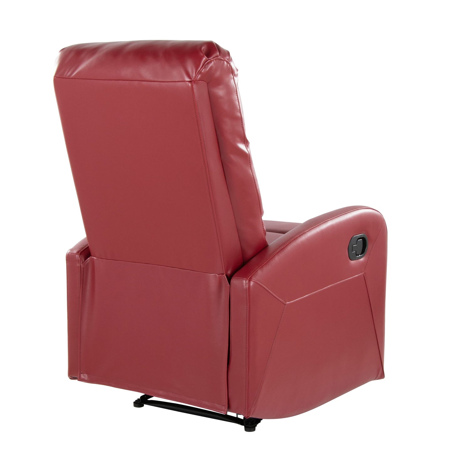 The Dormi - Contemporary Recliner Chair is a red leather recliner shown angled from the back, featuring a reclining lever on the right and a smooth, cushioned surface.