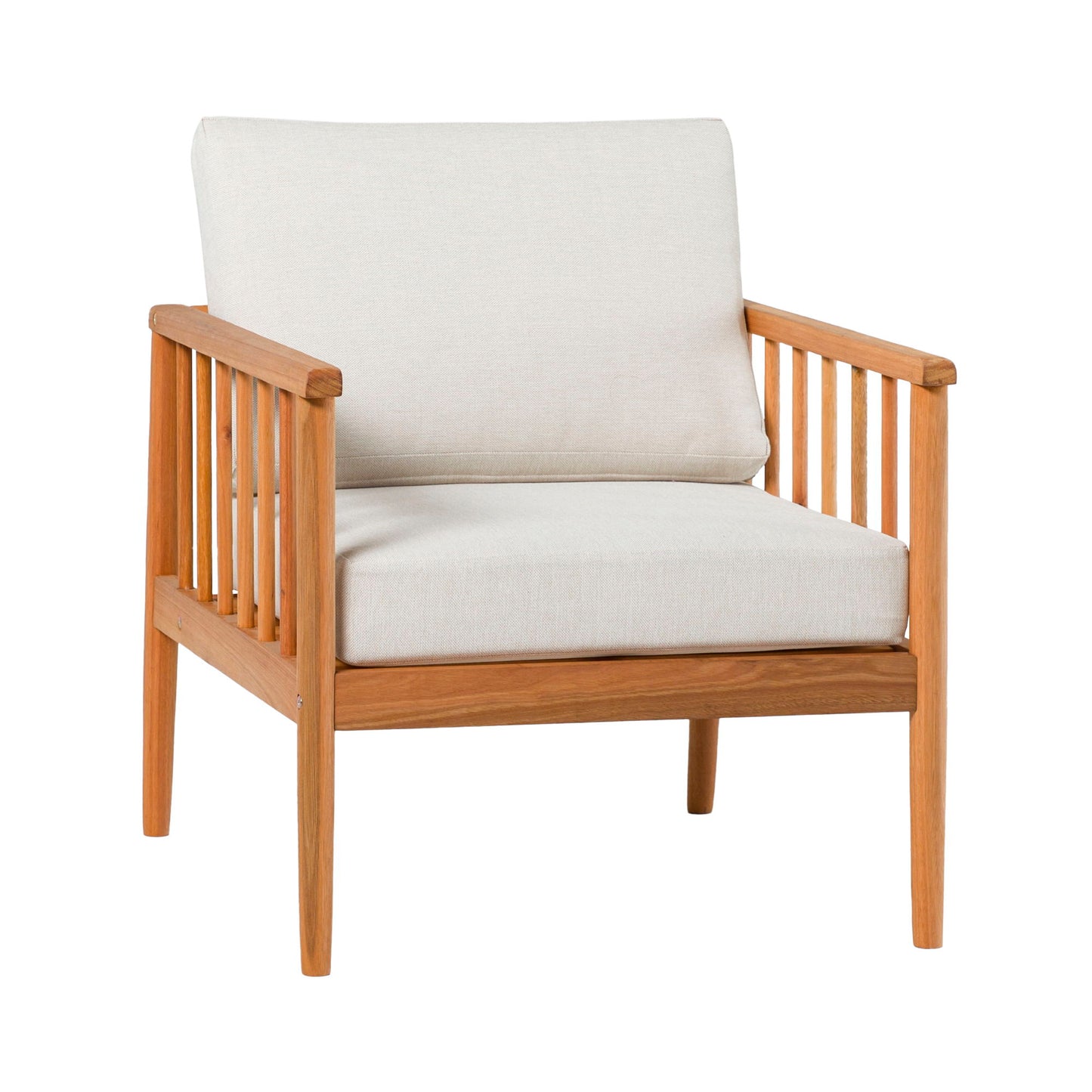 The Contemporary Cushioned Eucalyptus Wood Patio Accent Chair features vertical side slats and light beige seat and back cushions, displayed against a white background.