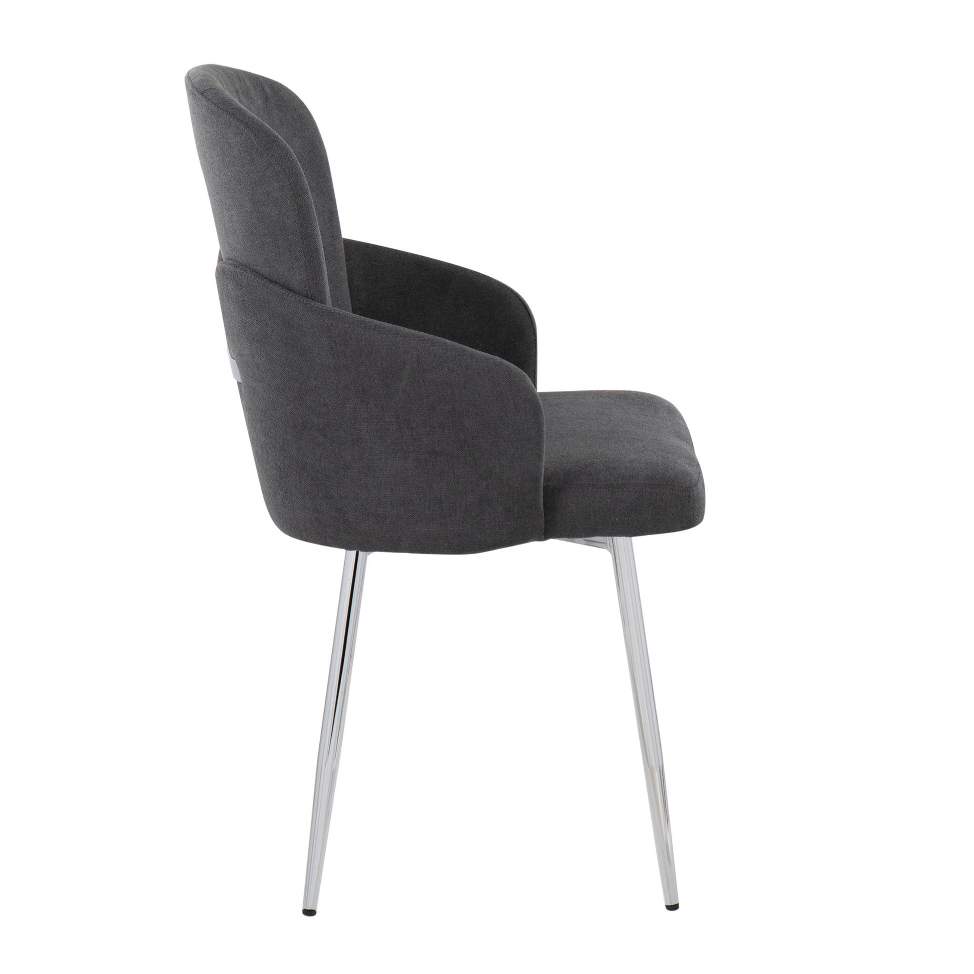 Side view of the Dahlia Contemporary Dining Chair (Set of 2) featuring a dark gray upholstered seat and backrest, angled armrests, and four slender chrome metal legs on a white background.