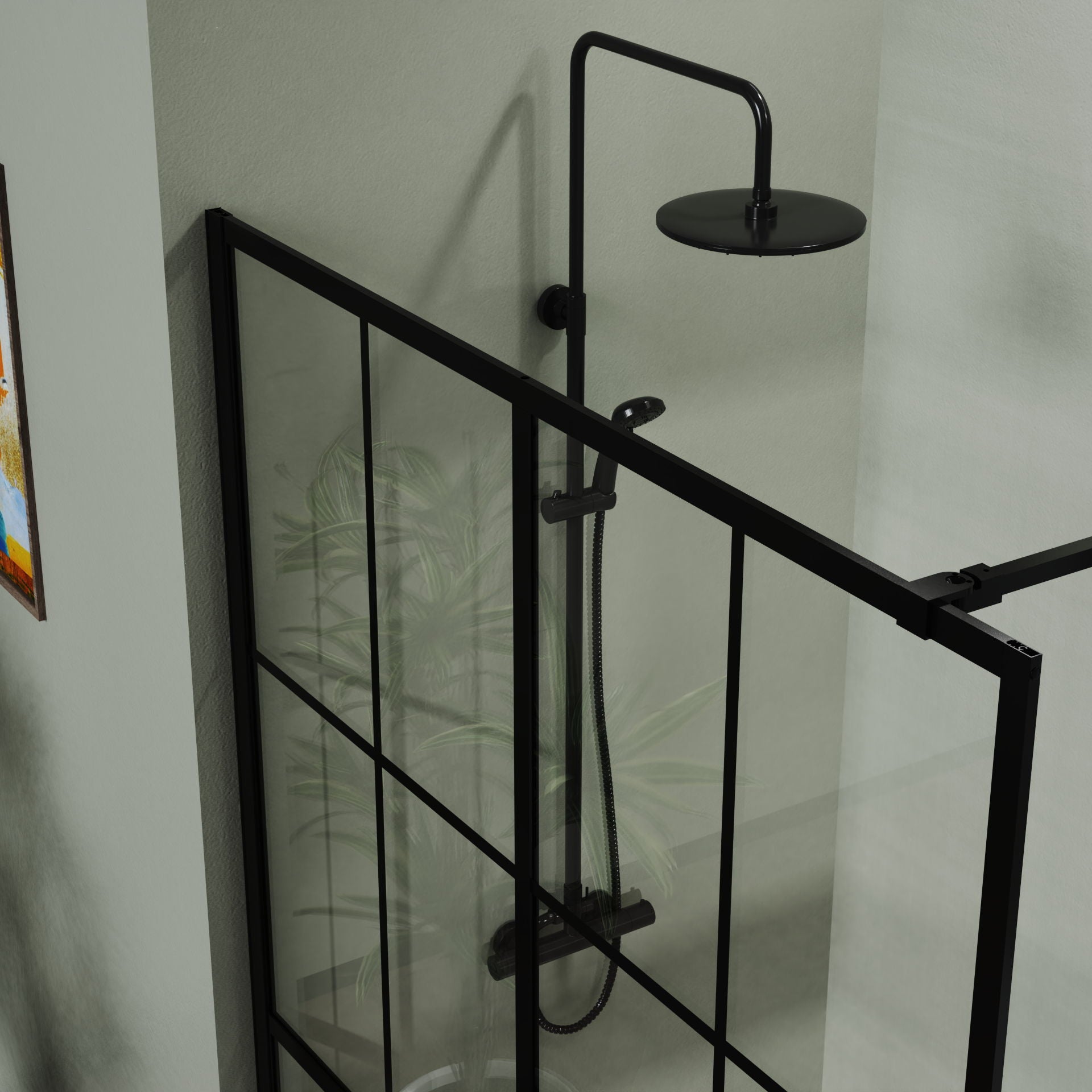 A top view of the Shower Screen Walk In Wet Room - Black shows sleek black-framed glass panels and a matching rainfall showerhead, with a plant just outside the enclosure and part of a picture visible on the wall.