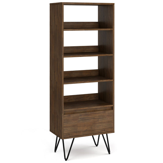 The Chase Tall Bookcase features a rustic natural aged brown finish, four open shelves, a closed bottom compartment, and stands on four black angled metal legs.