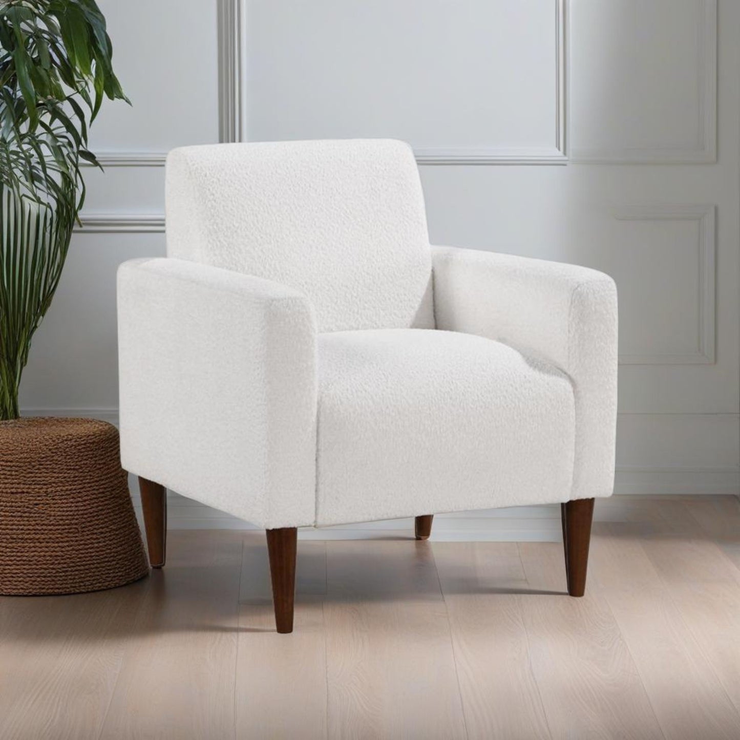 Caius - Modern Arm Chair With Boucle And Wooden Legs - White