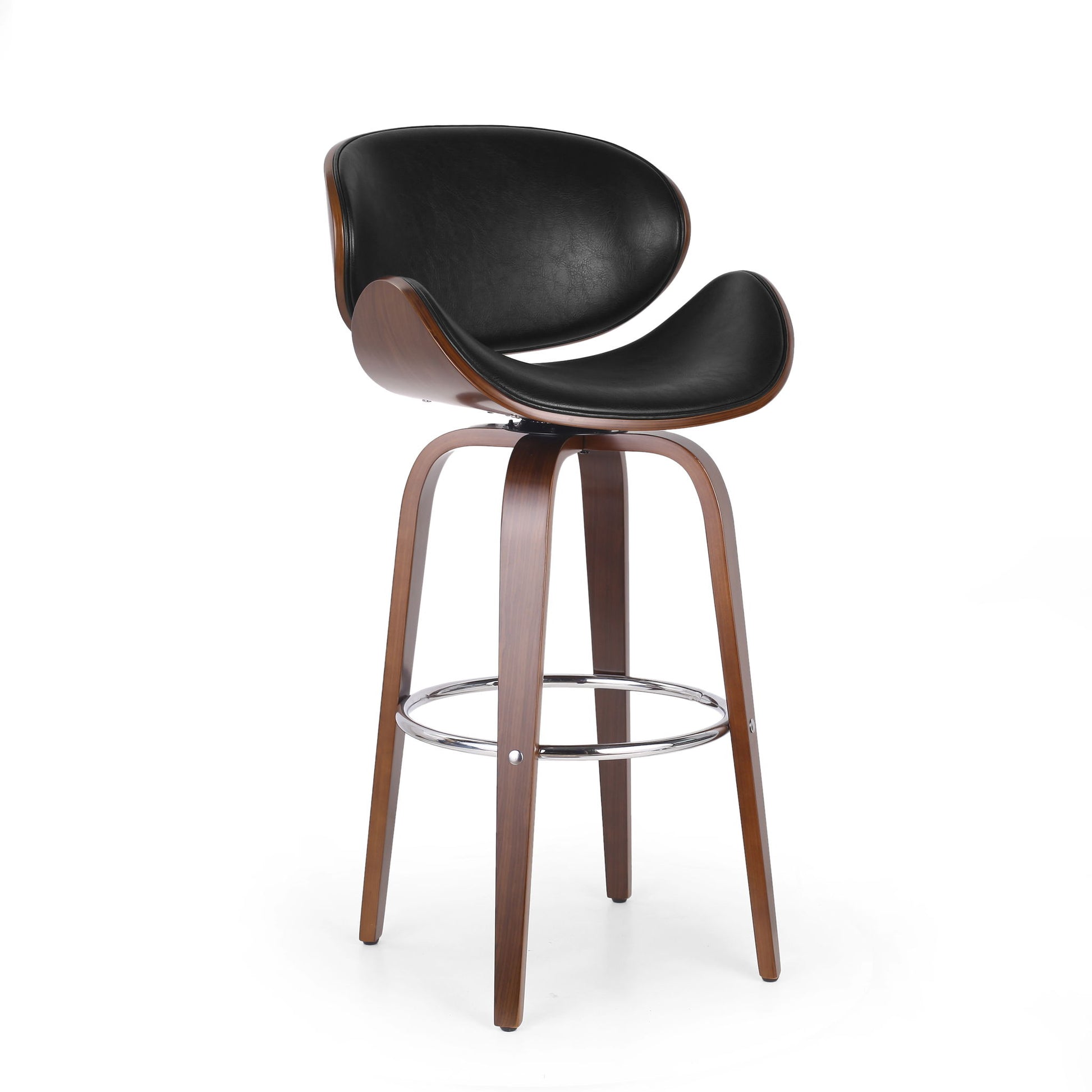 The Lumos - Mid Century Modern Upholstered Swivel Barstool features a curved wooden frame, black cushioned seat and backrest, four angled wooden legs, and a circular chrome footrest.